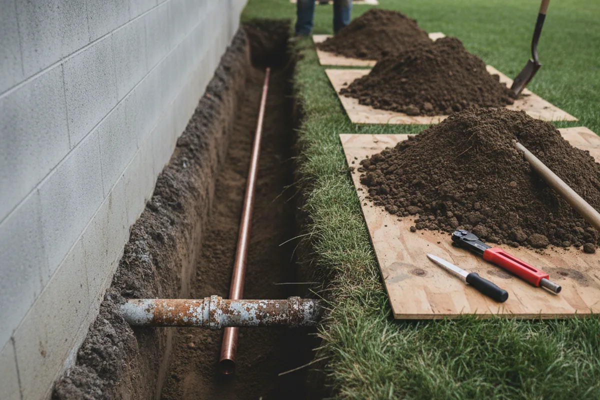 Excavated water line trench during Water Softener Installation in Cunningham